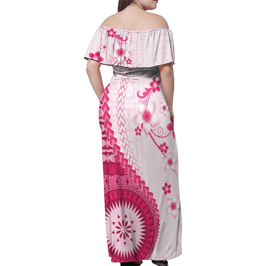 Bula Fiji Family Matching Off Shoulder Maxi Dress and Hawaiian Shirt Pink Plumeria Masi Tapa Pattern - Polynesian Pride