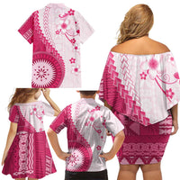 Bula Fiji Family Matching Off Shoulder Short Dress and Hawaiian Shirt Pink Plumeria Masi Tapa Pattern - Polynesian Pride