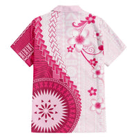Bula Fiji Family Matching Off Shoulder Short Dress and Hawaiian Shirt Pink Plumeria Masi Tapa Pattern - Polynesian Pride