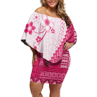 Bula Fiji Family Matching Off Shoulder Short Dress and Hawaiian Shirt Pink Plumeria Masi Tapa Pattern - Polynesian Pride