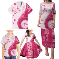 Bula Fiji Family Matching Puletasi and Hawaiian Shirt Pink Plumeria Masi Tapa Pattern LT05 - Polynesian Pride