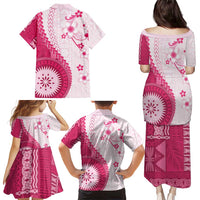 Bula Fiji Family Matching Puletasi and Hawaiian Shirt Pink Plumeria Masi Tapa Pattern LT05 - Polynesian Pride