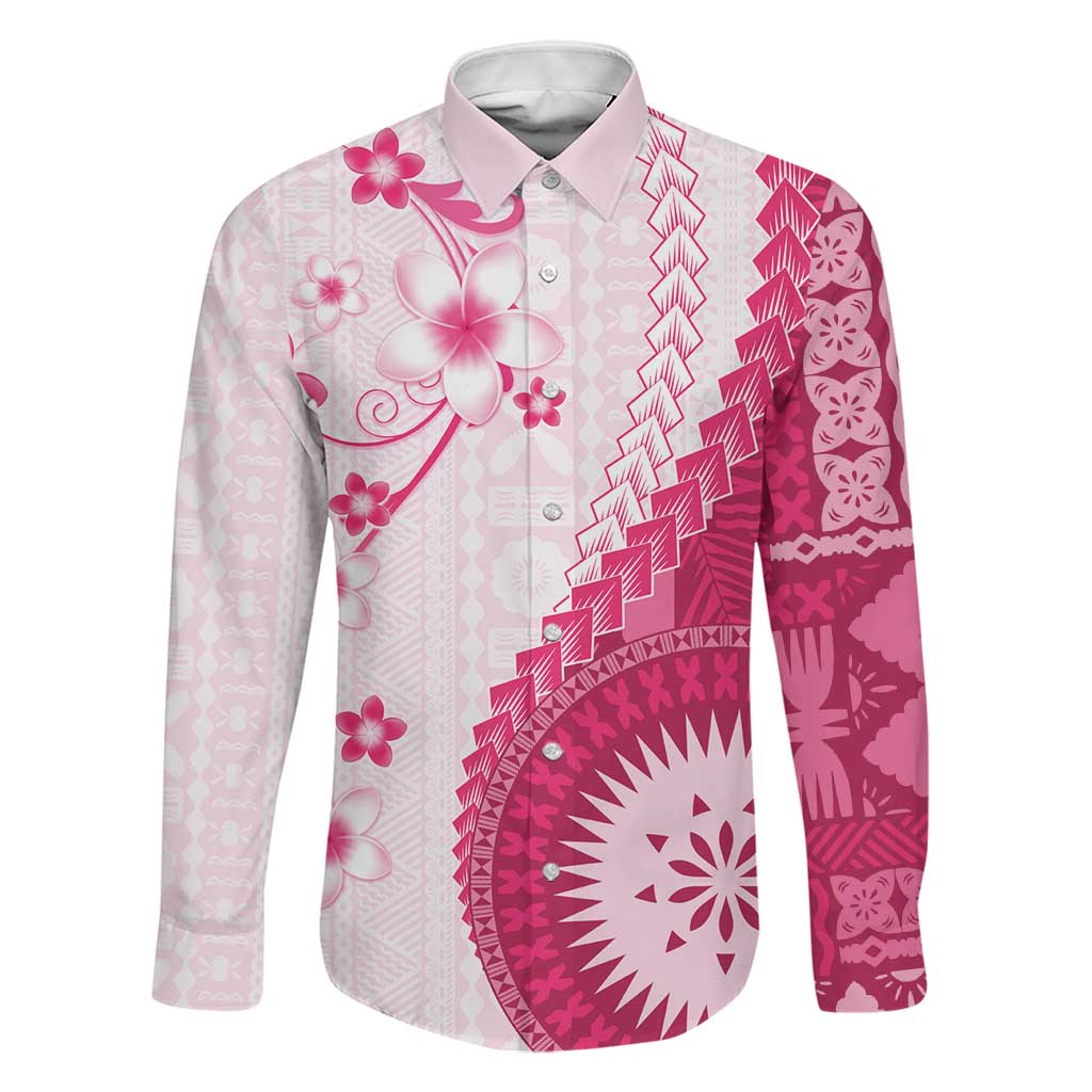 Bula Fiji Family Matching Puletasi and Hawaiian Shirt Pink Plumeria Masi Tapa Pattern LT05 Dad's Shirt - Long Sleeve Pink - Polynesian Pride