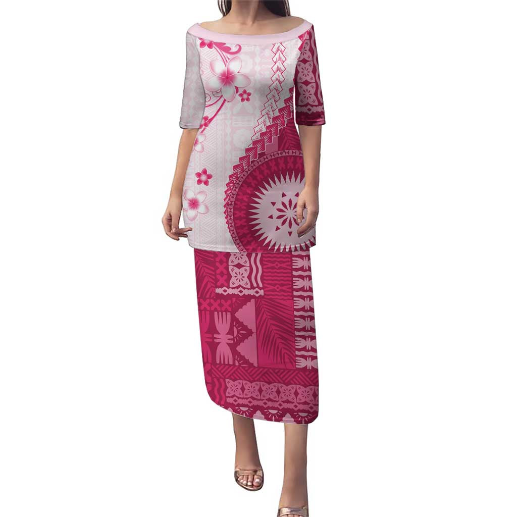 Bula Fiji Family Matching Puletasi and Hawaiian Shirt Pink Plumeria Masi Tapa Pattern LT05 Mom's Dress Pink - Polynesian Pride