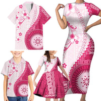 Bula Fiji Family Matching Short Sleeve Bodycon Dress and Hawaiian Shirt Pink Plumeria Masi Tapa Pattern - Polynesian Pride