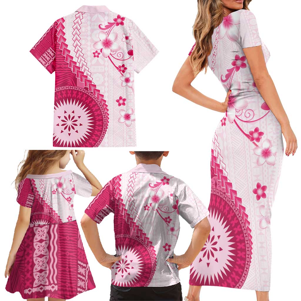 Bula Fiji Family Matching Short Sleeve Bodycon Dress and Hawaiian Shirt Pink Plumeria Masi Tapa Pattern - Polynesian Pride