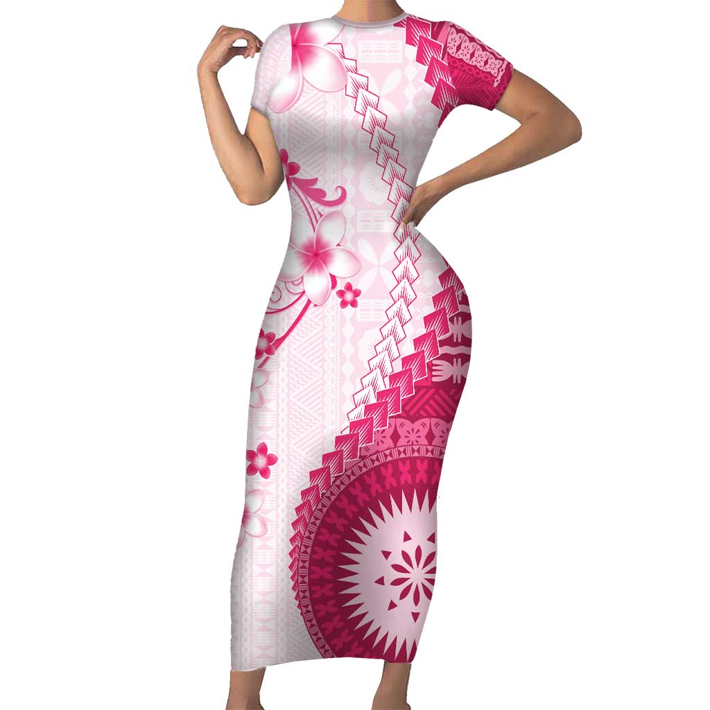 Bula Fiji Family Matching Short Sleeve Bodycon Dress and Hawaiian Shirt Pink Plumeria Masi Tapa Pattern - Polynesian Pride