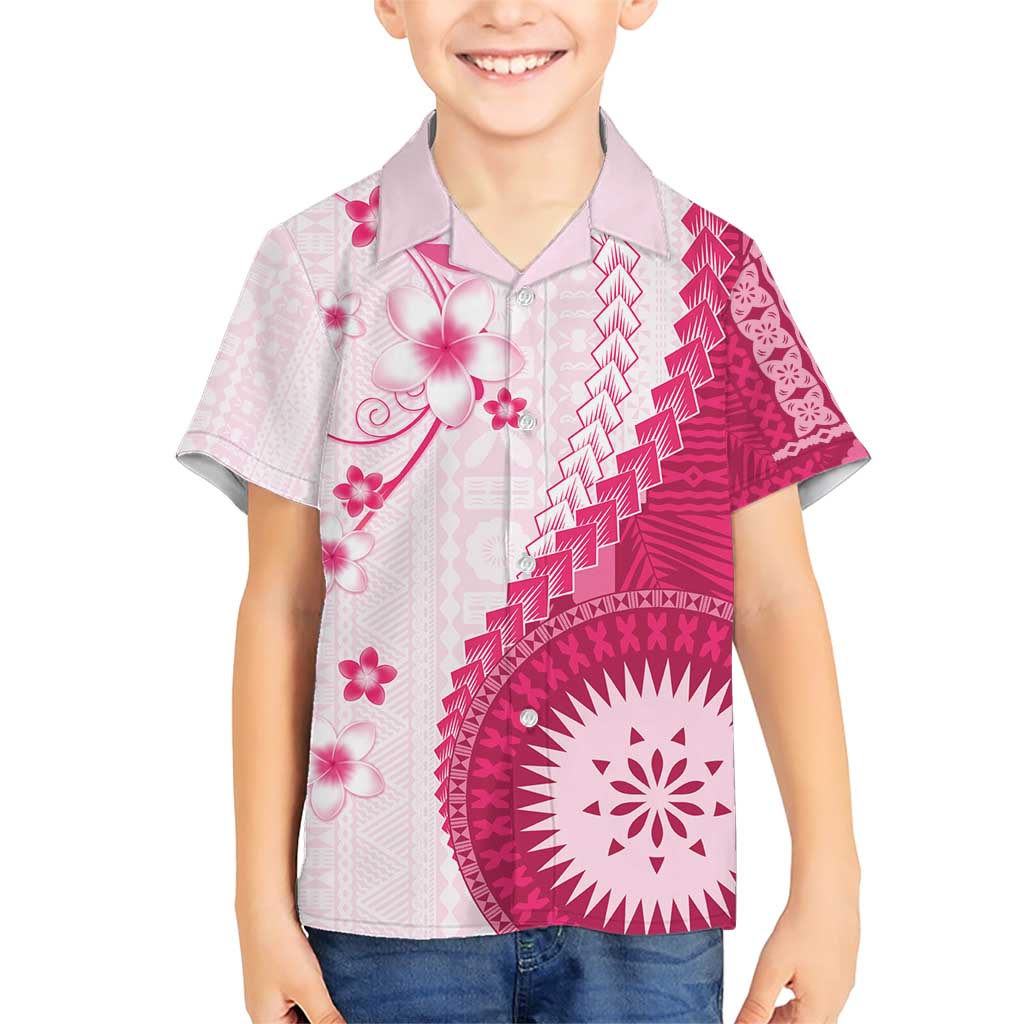 Bula Fiji Family Matching Short Sleeve Bodycon Dress and Hawaiian Shirt Pink Plumeria Masi Tapa Pattern - Polynesian Pride
