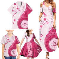 Bula Fiji Family Matching Summer Maxi Dress and Hawaiian Shirt Pink Plumeria Masi Tapa Pattern - Polynesian Pride