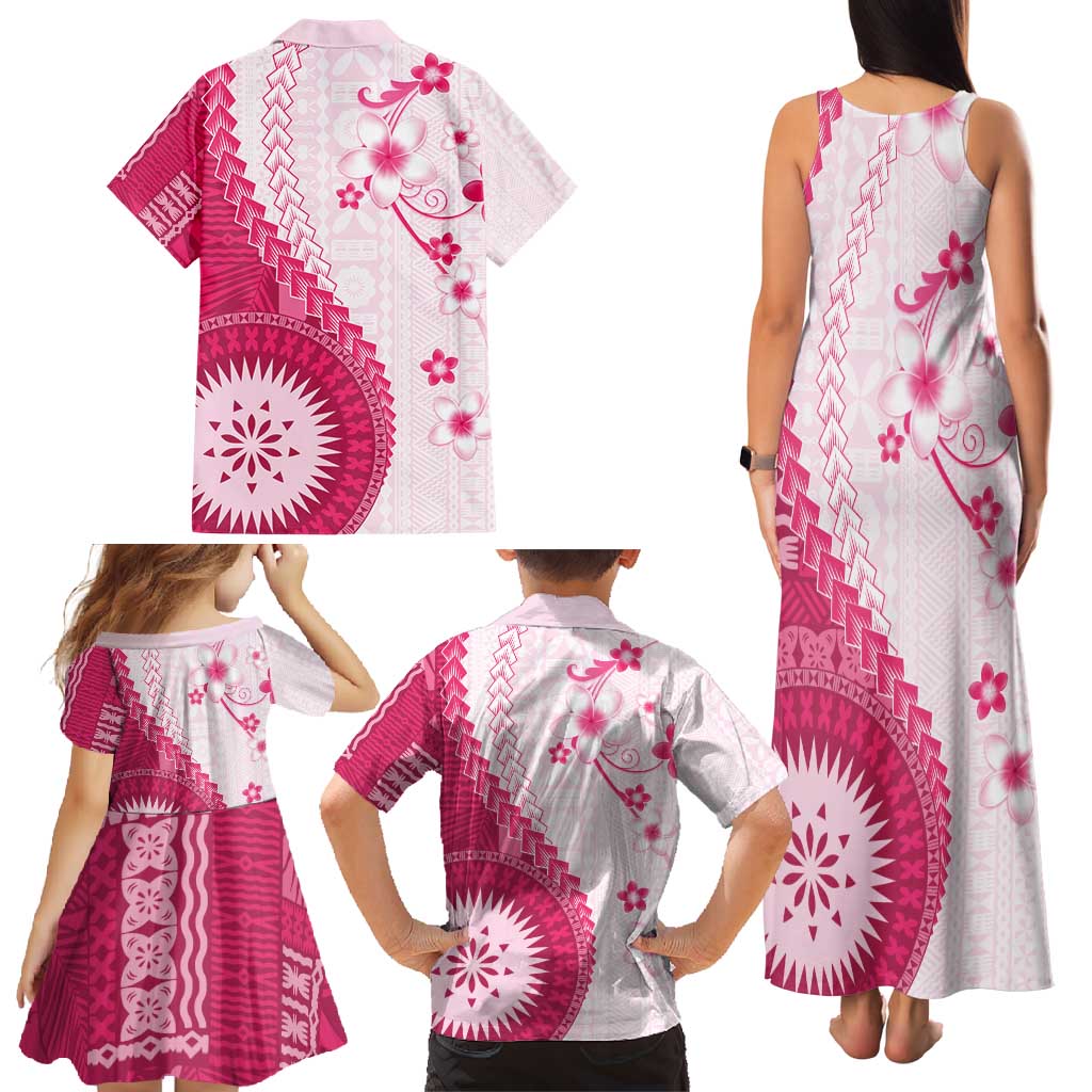 Bula Fiji Family Matching Tank Maxi Dress and Hawaiian Shirt Pink Plumeria Masi Tapa Pattern - Polynesian Pride