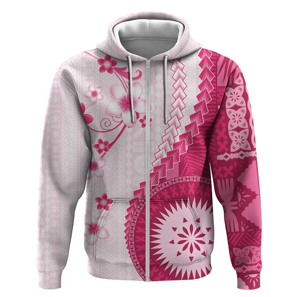 Bula Fiji Hoodie Pink Plumeria Masi Tapa Pattern LT05 Zip Hoodie Pink - Polynesian Pride