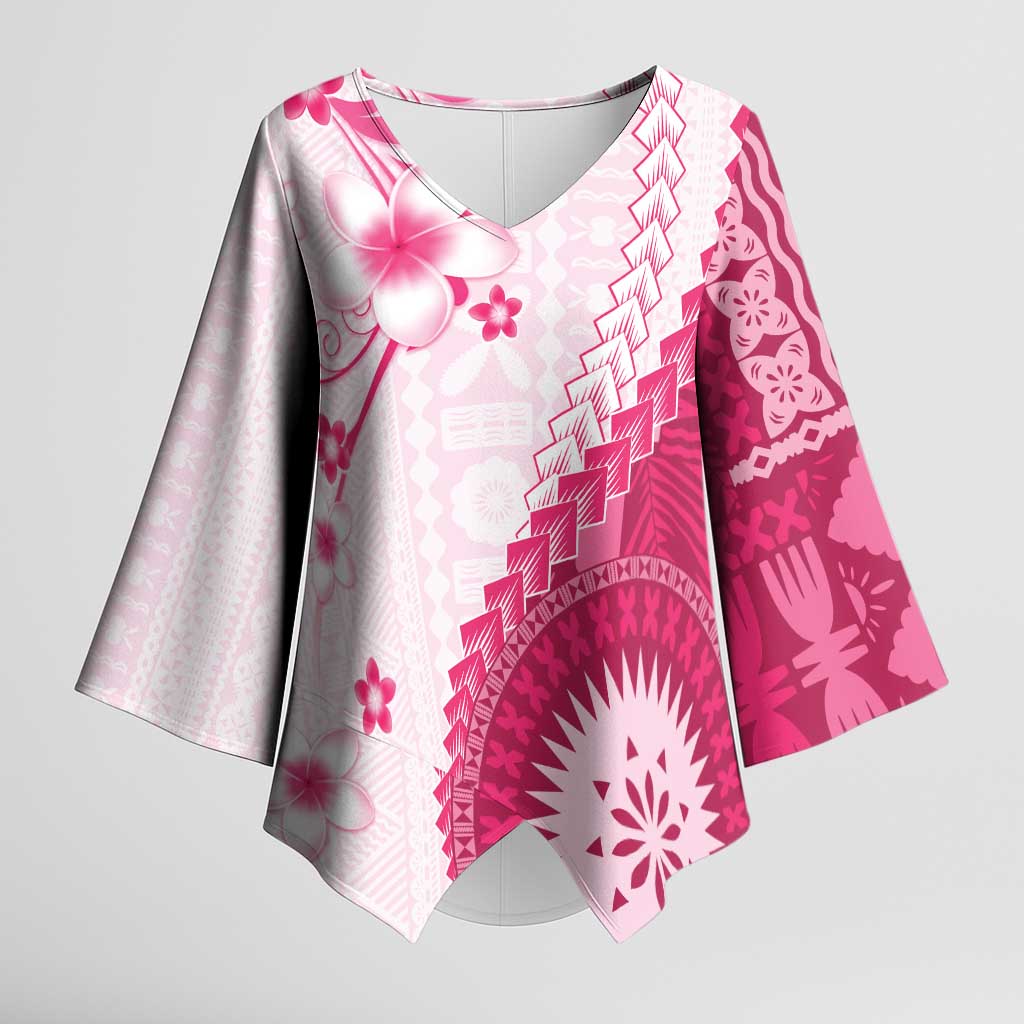Bula Fiji Kimono Sleeve Blouse Pink Plumeria Masi Tapa Pattern - Polynesian Pride