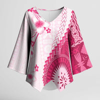 Bula Fiji Kimono Sleeve Blouse Pink Plumeria Masi Tapa Pattern - Polynesian Pride