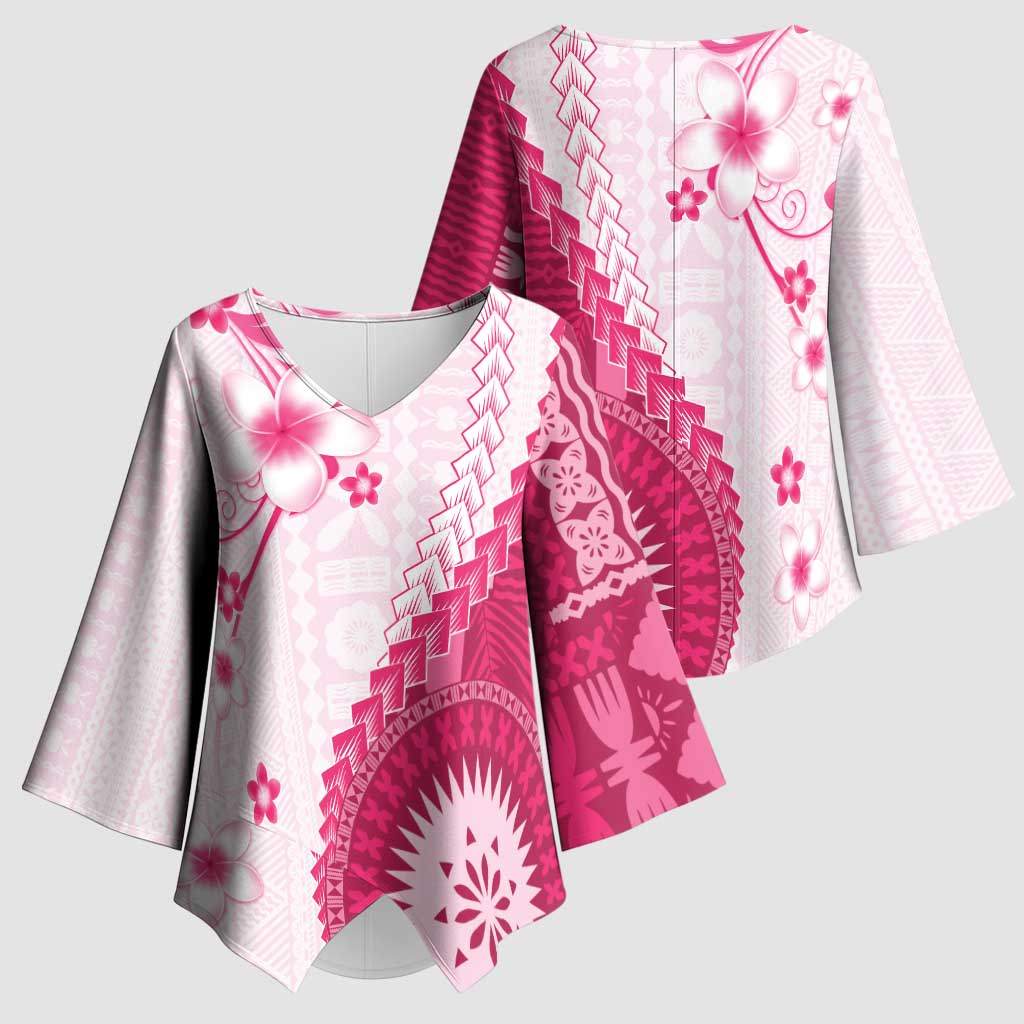 Bula Fiji Kimono Sleeve Blouse Pink Plumeria Masi Tapa Pattern - Polynesian Pride