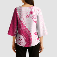 Bula Fiji Kimono Sleeve Blouse Pink Plumeria Masi Tapa Pattern - Polynesian Pride