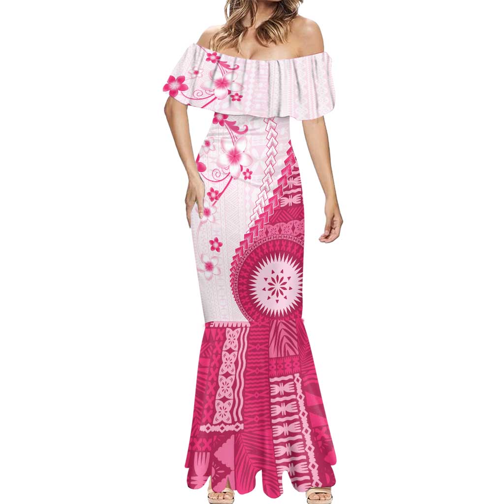 Bula Fiji Mermaid Dress Pink Plumeria Masi Tapa Pattern LT05 - Polynesian Pride