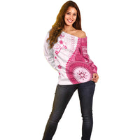 Bula Fiji Off Shoulder Sweater Pink Plumeria Masi Tapa Pattern LT05 - Polynesian Pride