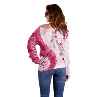 Bula Fiji Off Shoulder Sweater Pink Plumeria Masi Tapa Pattern LT05 - Polynesian Pride