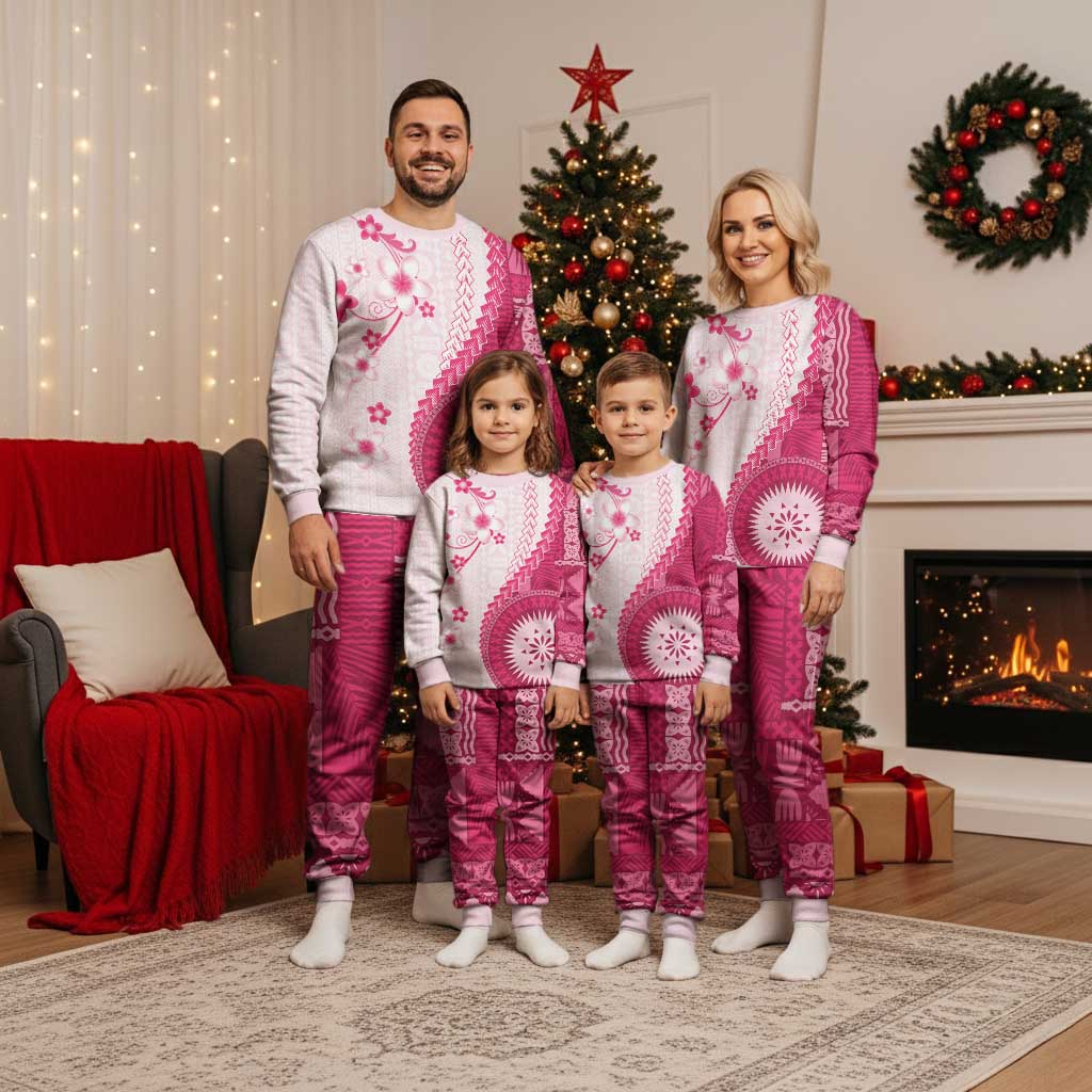 Bula Fiji Christmas Pajama Set Pink Plumeria Masi Tapa Pattern LT05 - Polynesian Pride