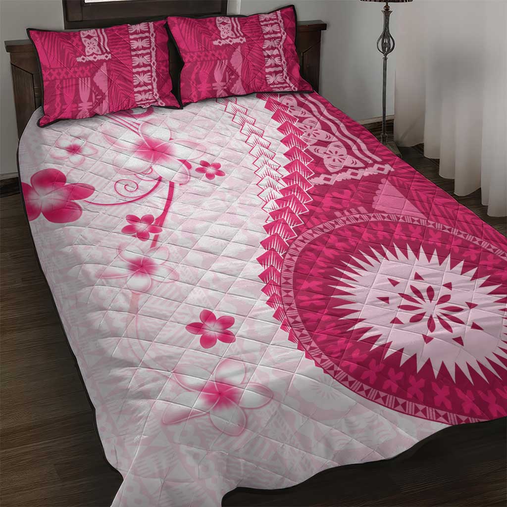 Bula Fiji Quilt Bed Set Pink Plumeria Masi Tapa Pattern - Polynesian Pride