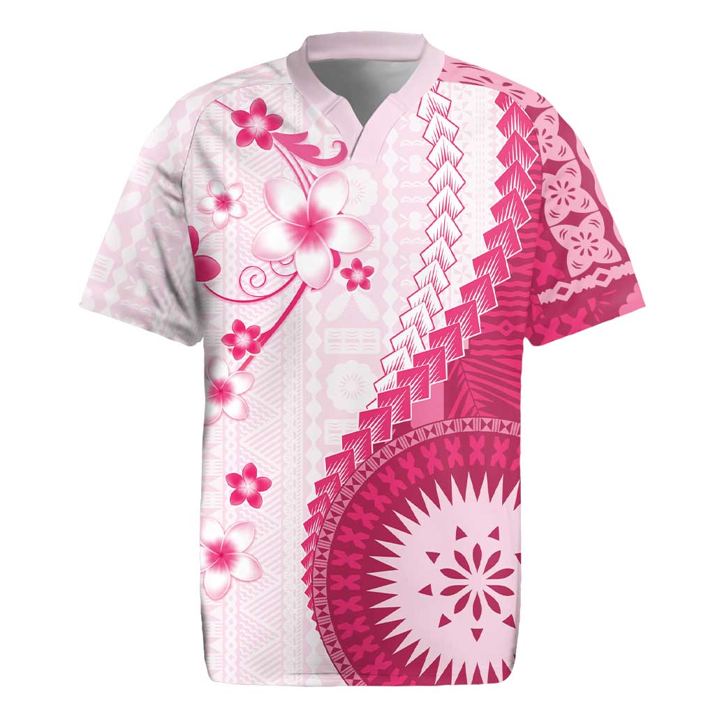 Bula Fiji Rugby Jersey Pink Plumeria Masi Tapa Pattern LT05 Pink - Polynesian Pride
