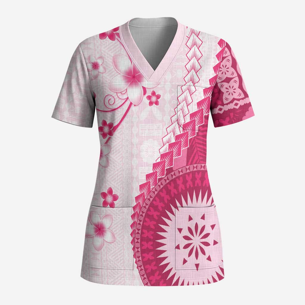 Bula Fiji Scrub Top Pink Plumeria Masi Tapa Pattern - Polynesian Pride