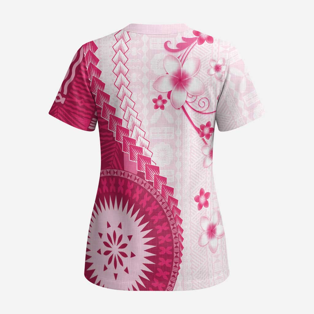 Bula Fiji Scrub Top Pink Plumeria Masi Tapa Pattern - Polynesian Pride
