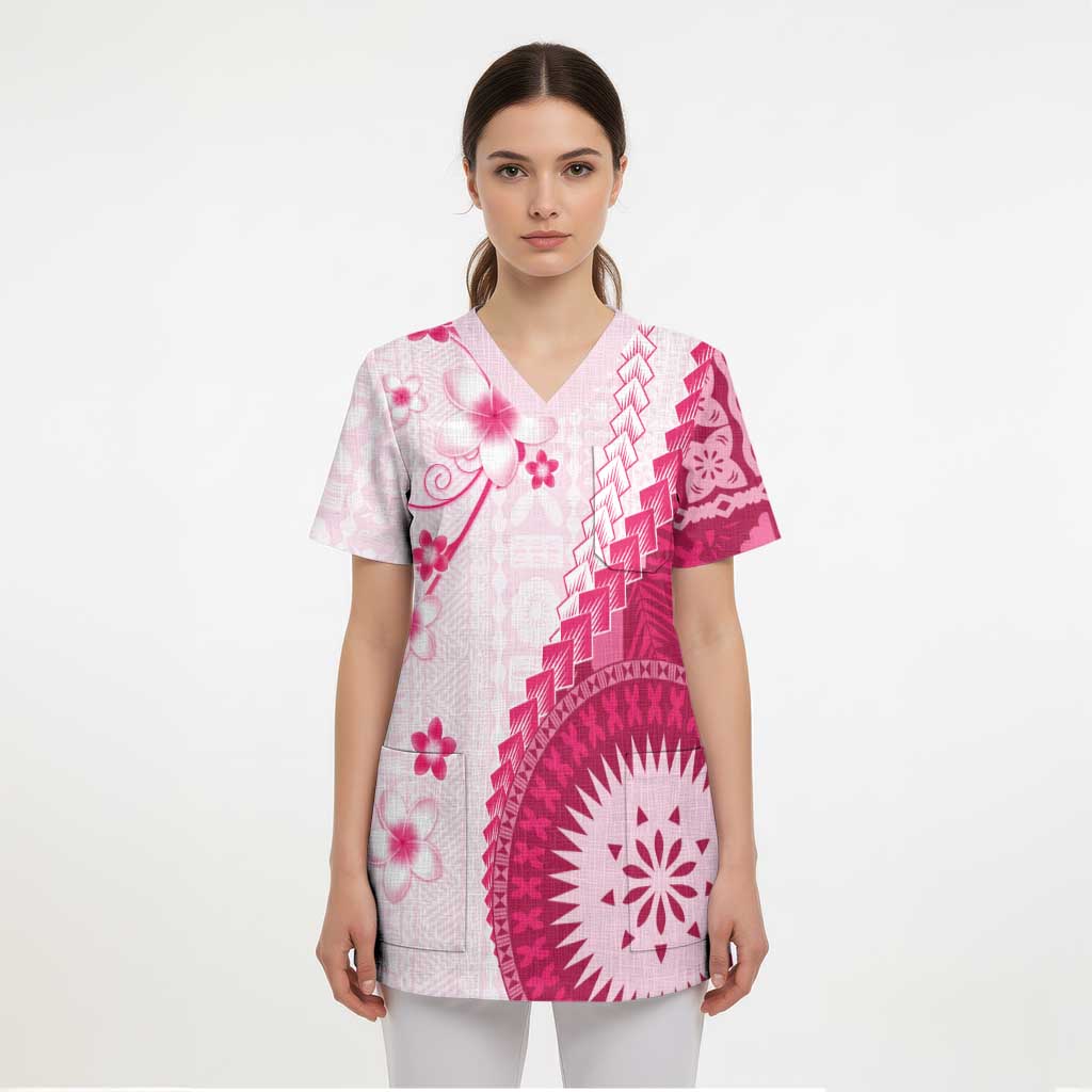 Bula Fiji Scrub Top Pink Plumeria Masi Tapa Pattern - Polynesian Pride