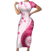 Bula Fiji Short Sleeve Bodycon Dress Pink Plumeria Masi Tapa Pattern LT05 Long Dress Pink - Polynesian Pride