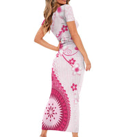 Bula Fiji Short Sleeve Bodycon Dress Pink Plumeria Masi Tapa Pattern LT05 - Polynesian Pride