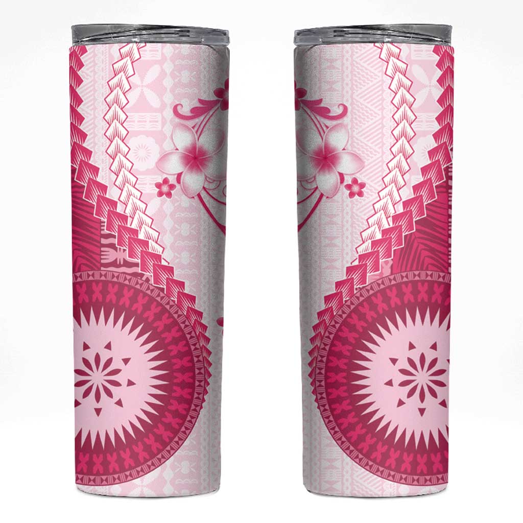 Bula Fiji Skinny Tumbler Pink Plumeria Masi Tapa Pattern - Polynesian Pride