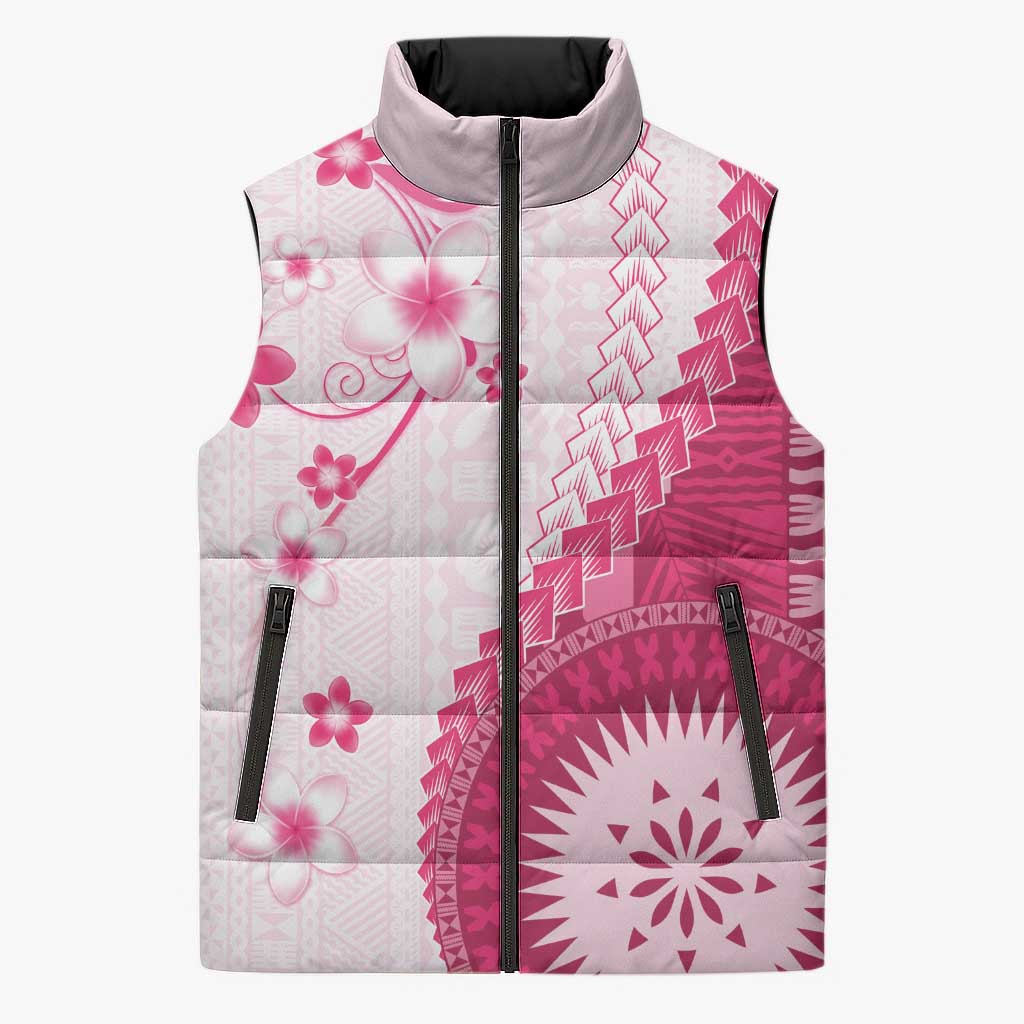 Bula Fiji Sleeveless Puffer Jacket Pink Plumeria Masi Tapa Pattern - Polynesian Pride