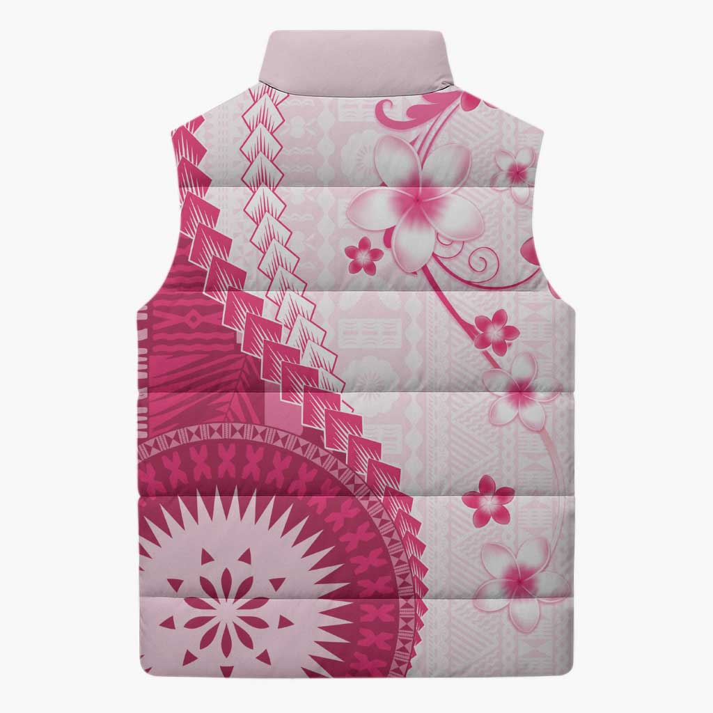 Bula Fiji Sleeveless Puffer Jacket Pink Plumeria Masi Tapa Pattern - Polynesian Pride