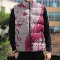 Bula Fiji Sleeveless Puffer Jacket Pink Plumeria Masi Tapa Pattern - Polynesian Pride