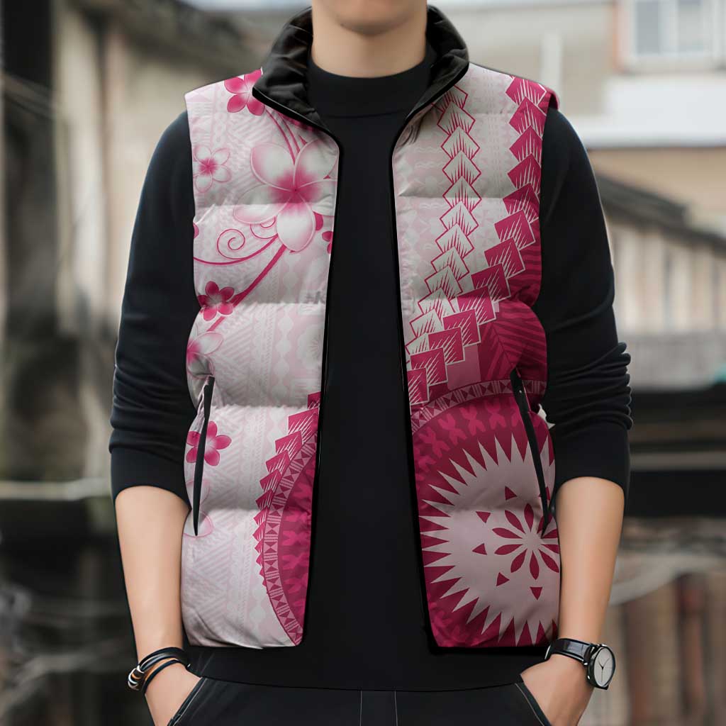 Bula Fiji Sleeveless Puffer Jacket Pink Plumeria Masi Tapa Pattern - Polynesian Pride