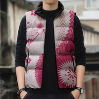 Bula Fiji Sleeveless Puffer Jacket Pink Plumeria Masi Tapa Pattern - Polynesian Pride