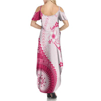 Bula Fiji Summer Maxi Dress Pink Plumeria Masi Tapa Pattern - Polynesian Pride