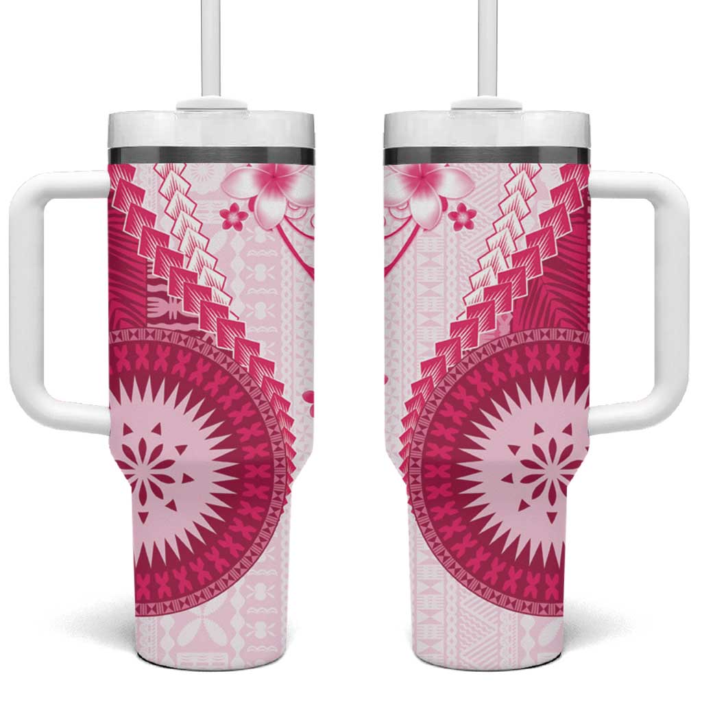 Bula Fiji Tumbler With Handle Pink Plumeria Masi Tapa Pattern LT05 One Size: 40 oz Pink - Polynesian Pride