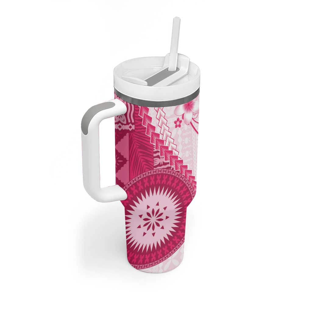 Bula Fiji Tumbler With Handle Pink Plumeria Masi Tapa Pattern LT05 - Polynesian Pride