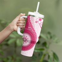 Bula Fiji Tumbler With Handle Pink Plumeria Masi Tapa Pattern LT05 - Polynesian Pride