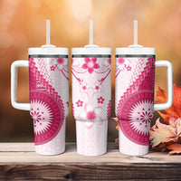 Bula Fiji Tumbler With Handle Pink Plumeria Masi Tapa Pattern LT05 - Polynesian Pride
