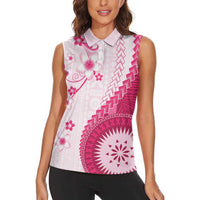Bula Fiji Women Sleeveless Polo Shirt Pink Plumeria Masi Tapa Pattern LT05 - Polynesian Pride