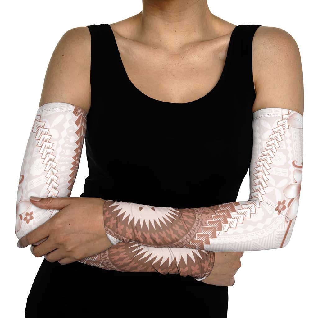 Bula Fiji Arm Sleeves Brown Plumeria Masi Tapa Pattern - Polynesian Pride