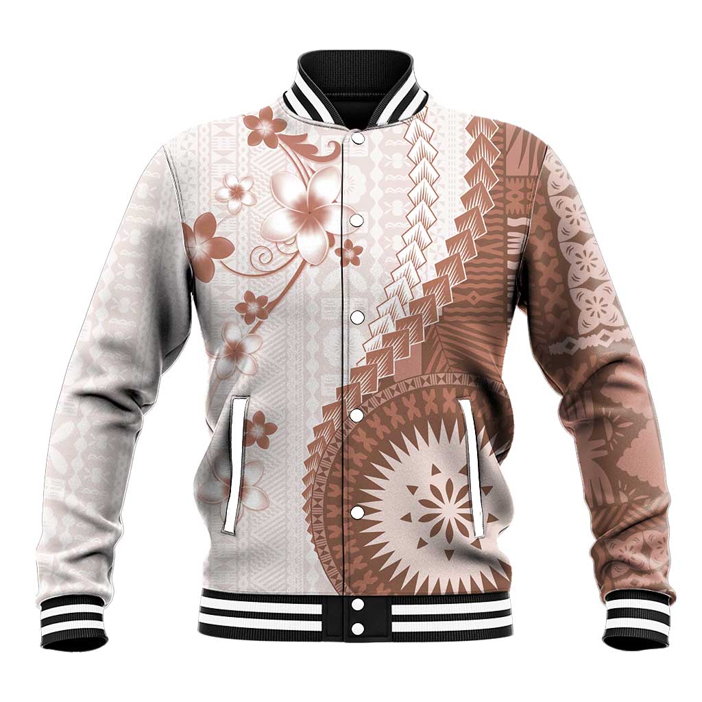 Bula Fiji Baseball Jacket Brown Plumeria Masi Tapa Pattern - Polynesian Pride
