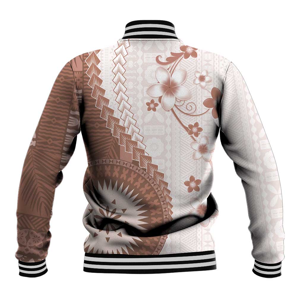 Bula Fiji Baseball Jacket Brown Plumeria Masi Tapa Pattern - Polynesian Pride
