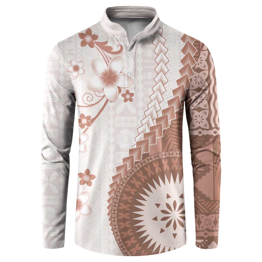 Bula Fiji Button Sweatshirt Brown Plumeria Masi Tapa Pattern - Polynesian Pride