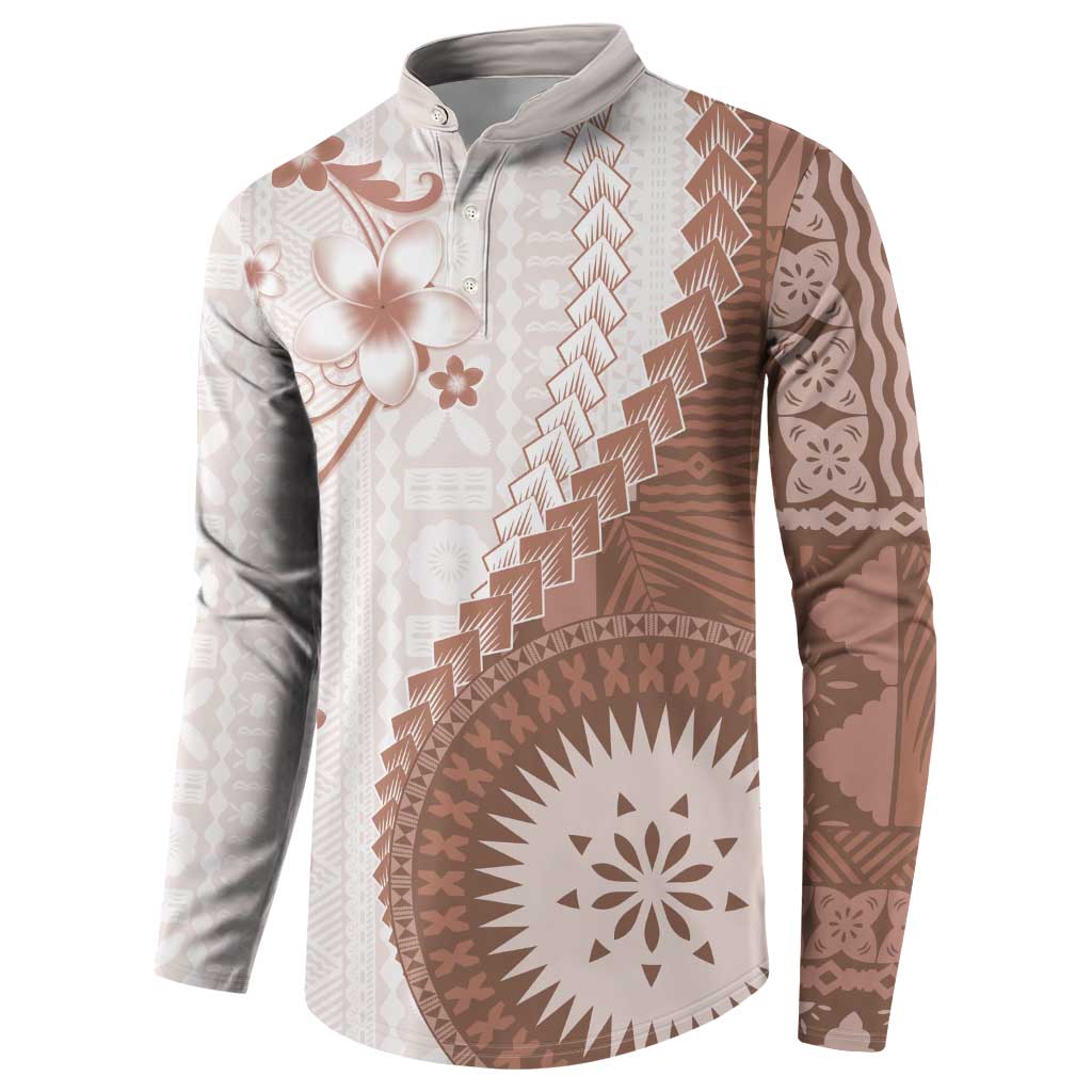 Bula Fiji Button Sweatshirt Brown Plumeria Masi Tapa Pattern - Polynesian Pride
