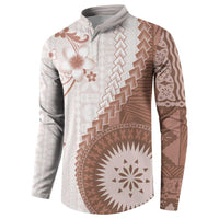 Bula Fiji Button Sweatshirt Brown Plumeria Masi Tapa Pattern - Polynesian Pride