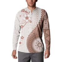 Bula Fiji Button Sweatshirt Brown Plumeria Masi Tapa Pattern - Polynesian Pride