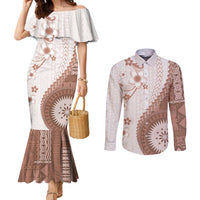 Bula Fiji Couples Matching Mermaid Dress and Long Sleeve Button Shirt Brown Plumeria Masi Tapa Pattern - Polynesian Pride